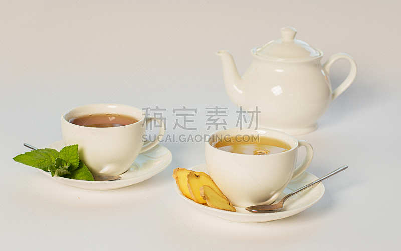生姜,茶壶,杯,白色背景,薄荷,茶,自然,桌子,水平画幅,水果