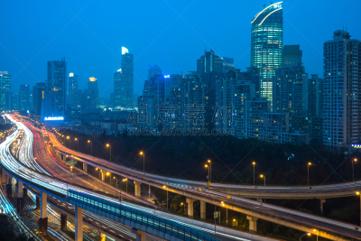 高视角,都市风景,高峰时间,交通,立交桥,夜晚,市区路,南浦大桥,多车道公路,现代