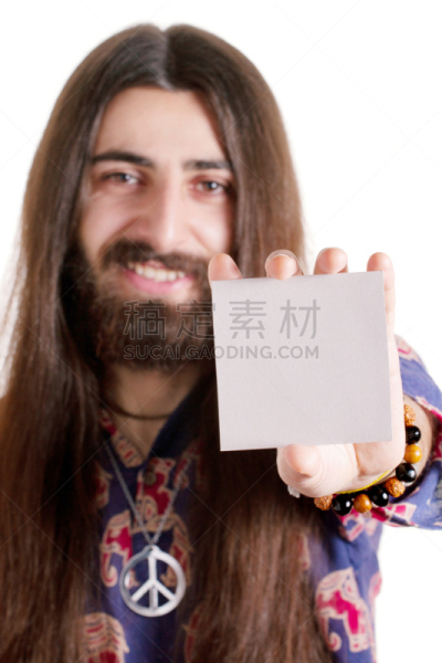 嬉皮士,拿着,男人,长发,卡片,空白的,垂直画幅,贺卡,络腮胡子,标签