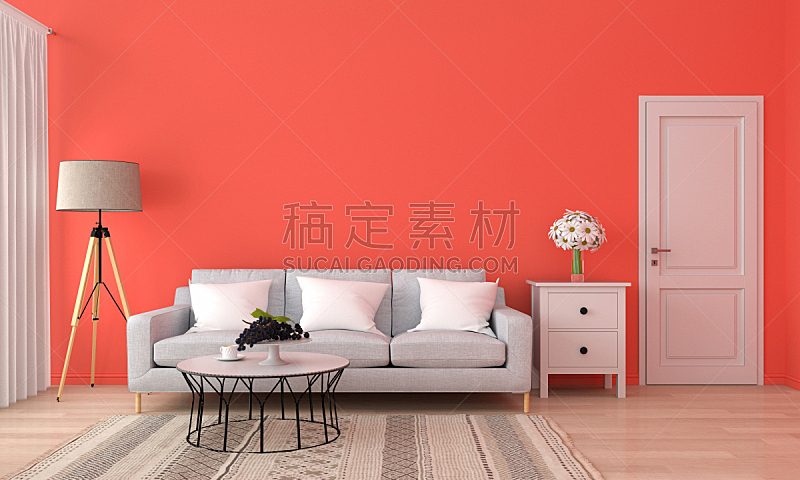三维图形,橙色,起居室,沙发,桌子,室内,白色,灰色,木制,空白的