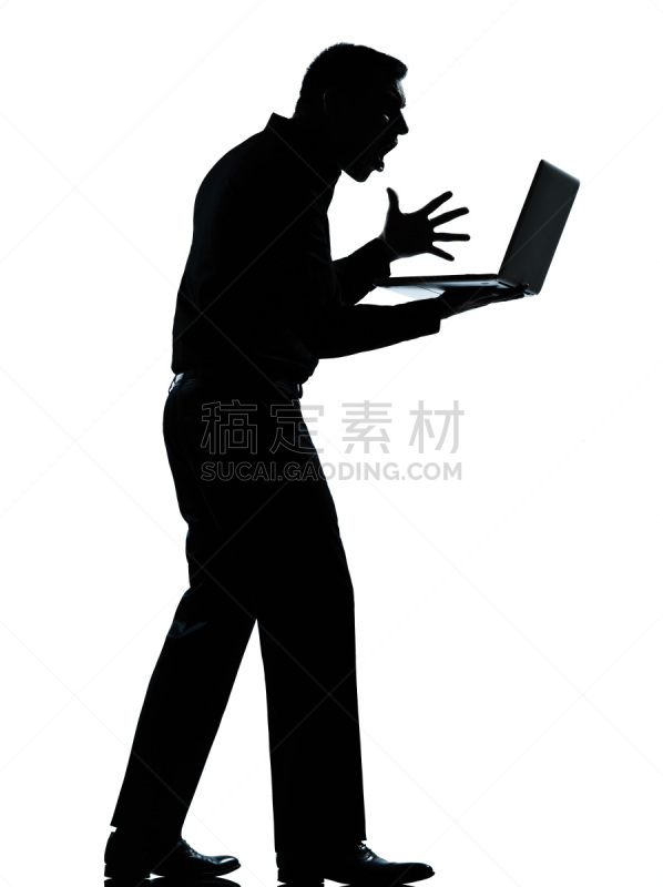 笔记本电脑,男商人,计算机,使用电脑,不高兴的,一个人,垂直画幅,侧面像,阴影,白人