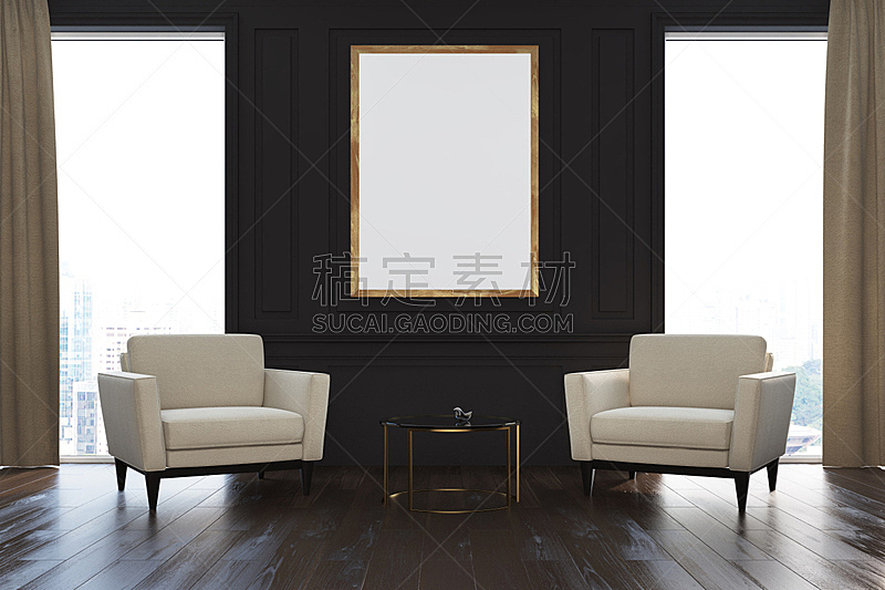 Black living room, armchairs, poster