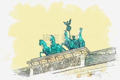 绘画插图,勃兰登堡大门,手,旅行者,户外,古老的,著名景点,国际著名景点,旅游目的地