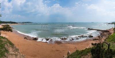 青岛,海滩,水,天空,水平画幅,沙子,夏天,户外,草,云景