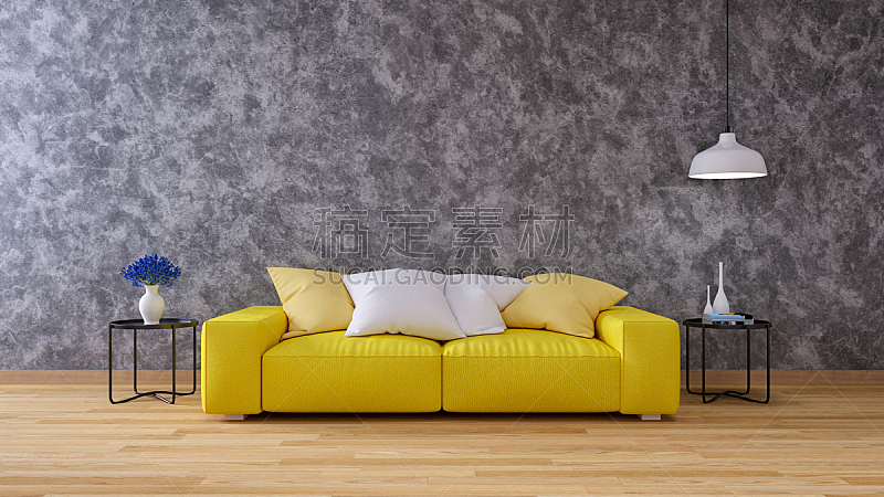沙发,混凝土墙,室内,起居室,黄色,三维图形,硬木地板,新的,艺术,水平画幅