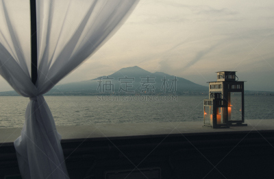 海洋,蜡烛,平顶,鸡尾酒,taveuni,饭厅,度假胜地,灯笼,水平画幅,高视角