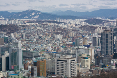 都市风景,首尔,航拍视角,水平画幅,高视角,市区路,交通,户外,现代,国际著名景点