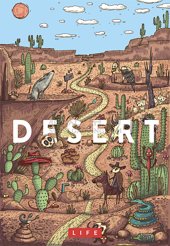 沙漠,绘画插图,野生动物,美国西部,仙人掌,墨西哥,浮雕雕刻,垂直画幅,天空,美