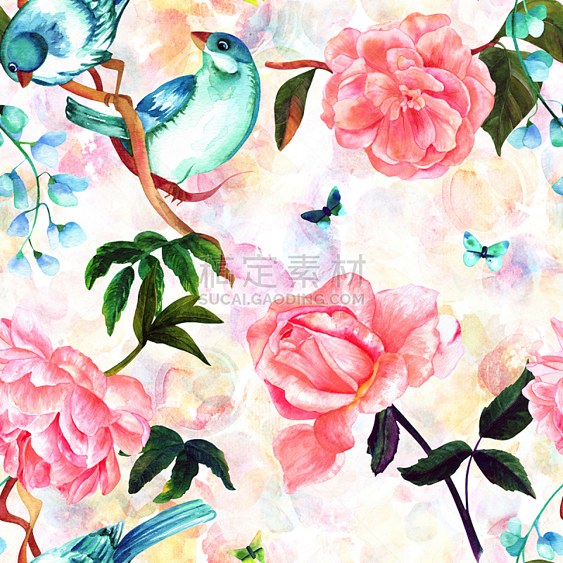 鸟类,高雅,玫瑰,四方连续纹样,水彩画,茶花,花纹,牡丹,叶状图案,水彩画颜料