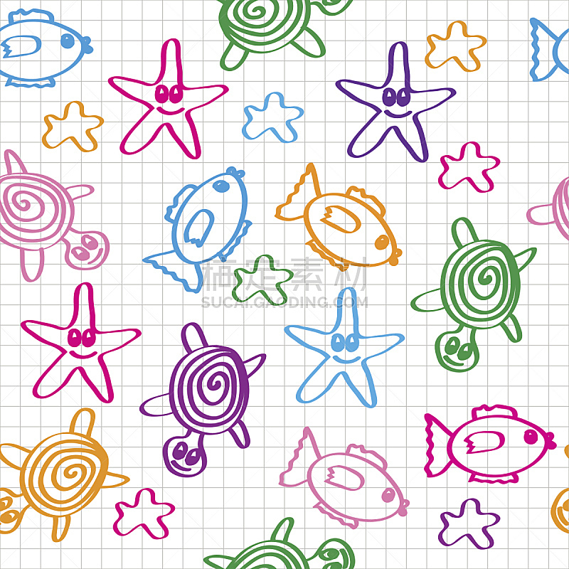 四方连续纹样,乐趣,动物手,海洋生命,水,海马,噪声,绘画插图,海豚,海产