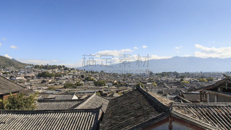 丽江,云南省,航拍视角,白族,纳西族,玉龙雪山,四川省,水平画幅,夏天,屋顶