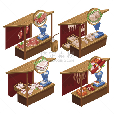 矢量,四个物体,货亭,肉制品,商务,牛排,意大利腊肠,食品,食品杂货,排骨