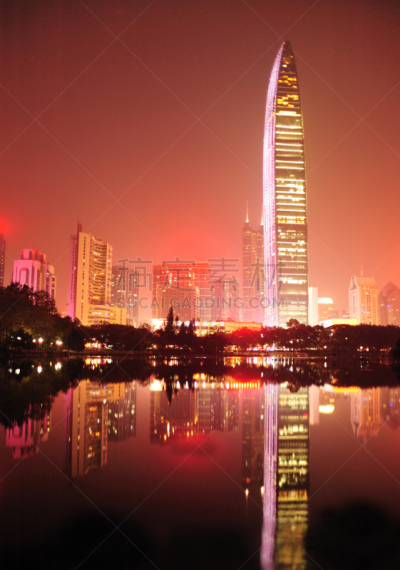 深圳,夜晚,深圳京基100,垂直画幅,水,天空,无人,户外,湖,都市风景