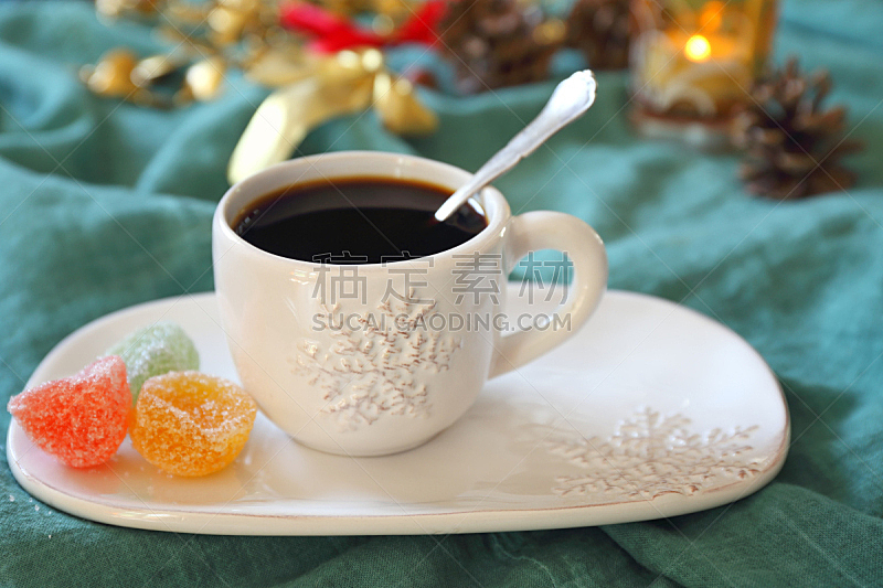 饮料,新年前夕,糖果,咖啡杯,多色的,烤咖啡豆,贺卡,新的,水平画幅