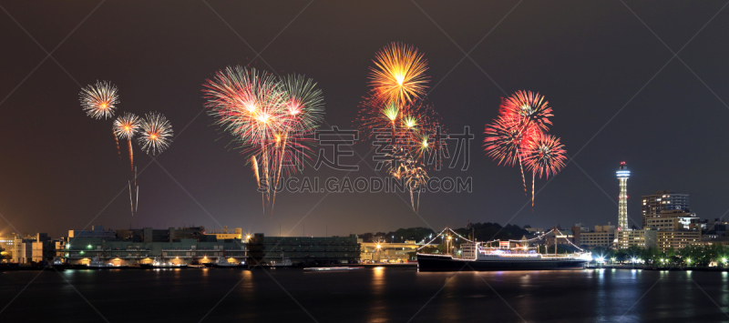 城市,放焰火,横滨,滨海湾 ,在上面,天空,水平画幅,建筑,夜晚,无人