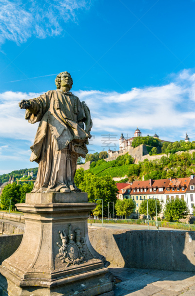 德国,伍茨堡,雕像,alte mainbrucke,主教,旅行者,地形,户外,夏天,蓝色