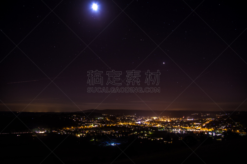 英格兰,城镇景观,水平画幅,星星,山,夜晚,无人,月亮,户外,光