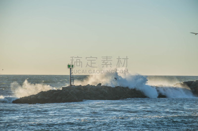波浪,码头,雷东多比奇,加利福尼亚,水边,曙暮光,黄昏,鸟类,海岸线,阴影