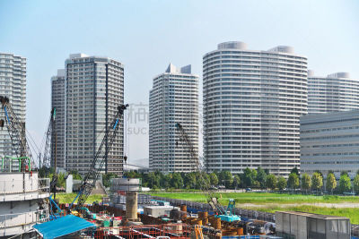 建筑工地,水平画幅,无人,日本,户外,建筑材料,移动式起重机,风景,摩天大楼,横滨