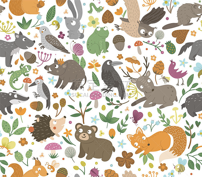 Vector seamless pattern with hand drawn flat funny animals. Cute repeat background with forest creatures. Sweet woodland ornament for children’s design, print.
