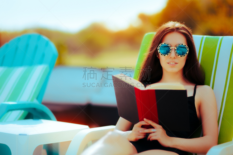 夏天,书,游泳池,女孩,浴疗法,泳衣,休闲椅,讲故事,水,半身像