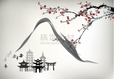 亭台楼阁,山,凉棚,富士山,樱桃,中国,背景,绘画插图,工笔画,日本