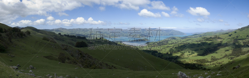 akaroa,新西兰,海港,天空,水平画幅,无人,蓝色,全景,草,海洋