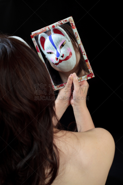狐狸,镜子,手镜,化妆面具,垂直画幅,女人,伪饰,面具,仅成年人,装扮