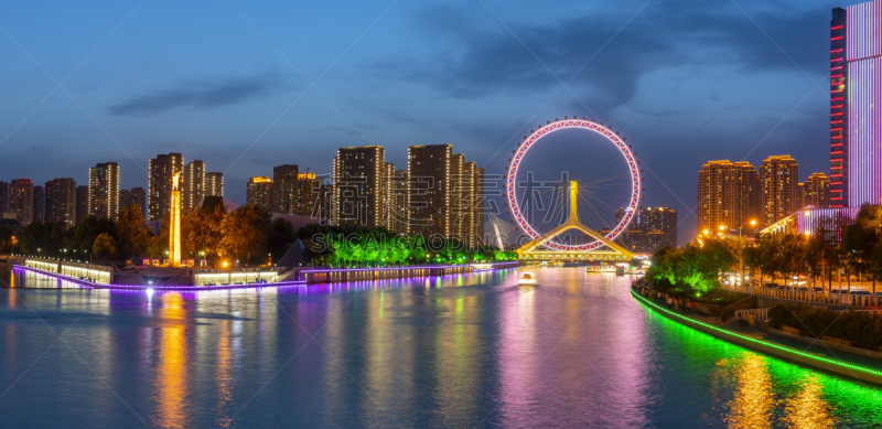 夜晚,天津市,地形,建筑,海河,水,天空,美,车轮,水平画幅