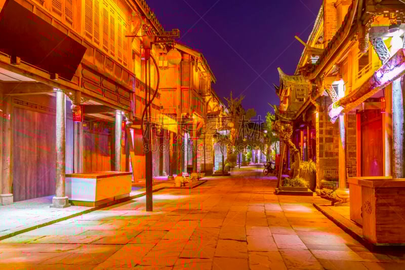 夜晚,城镇,四川省,远古的,水,水平画幅,传统,古老的,旅行者,户外