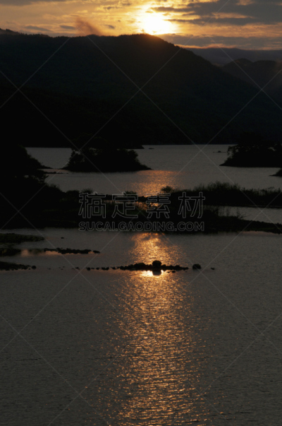早晨,秋元湖,自然,垂直画幅,水,天空,福岛里,云,地形,无人