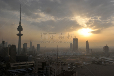 科威特,州,水平画幅,无人,塔,波斯湾,日落,摄影