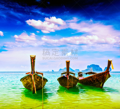 长尾船,泰国,海滩,负冲效果,甲米,水,水平画幅,沙子,古典式,安达曼海