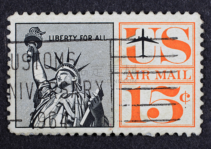 自由女神像,邮票,全部,数字15,航空邮件,邮戳,美国,旅游目的地,水平画幅,无人