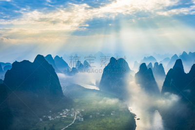 地形,桂林,漓江,兴平,石灰石,阳朔,雾,喀斯特,天空,早晨