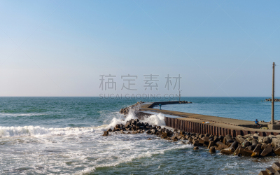 波浪,破浪堤,防洪堤,金泽,石川县,日本海或东海,北陆地区,钓竿,防波堤,蓝色背景