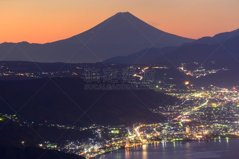 诹访,富士山,山,黎明,城市,苏瓦湖,巴岳山,日本阿尔卑斯山脉,南阿尔卑斯山脉,长野县