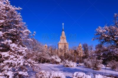 雪,都市风景,校园,莫斯科大学,广角,日光,明亮,冬天,宏伟,天空