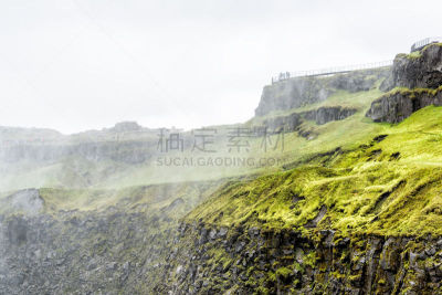远距离,草,岩石,旅行者,人,水,雾,悬崖,看风景,绿色