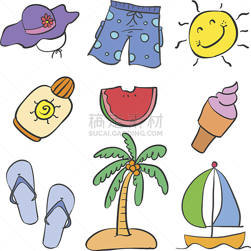 绘画插图,夏天,矢量,乱画,人造物,沙滩包,冰淇淋,艺术,水平画幅,海滩
