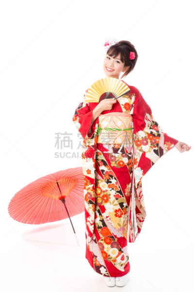 长袖和服,美女,白色背景,衣服,分离着色,女人,和服,和服腰带,垂直画幅,仅成年人