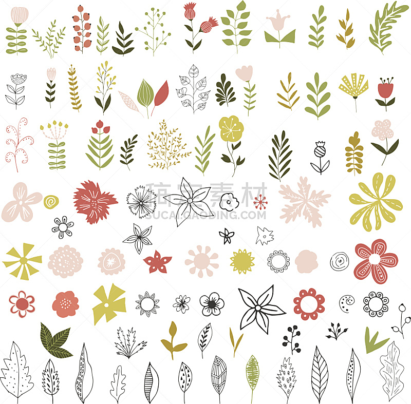 叶子,草本,花蕾,可爱的,乱画,华丽的,花纹,婴儿,枝,式样