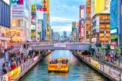 日本,道顿堀,商业街,大阪府,商务,现代,船,著名景点,餐馆,河流
