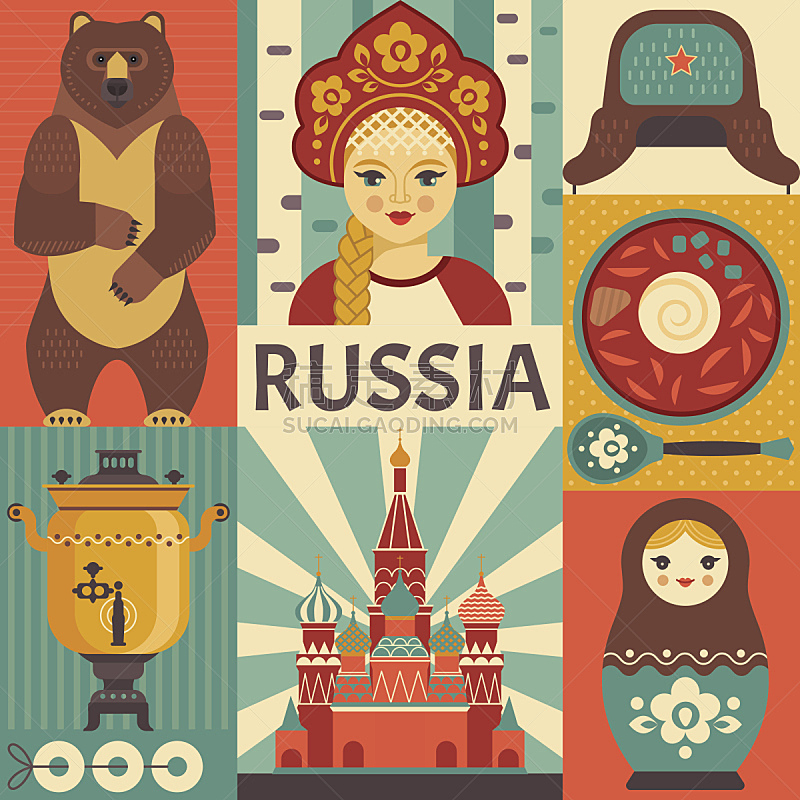 俄罗斯,概念,海报,罗宋汤,俄式茶壶,熊服,前苏联,俄罗斯套娃,圣巴索大教堂,百吉饼
