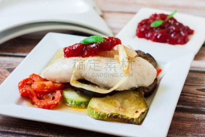 清新,鳕鱼,胡椒果冻,烤的,甜食,格子烤肉,西葫芦,蔬菜,食品,柠檬