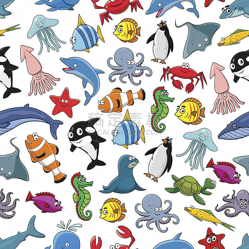四方连续纹样,卡通,鱼类,矢量,海洋,动物,鲸鲨,海葵,软体动物,海马