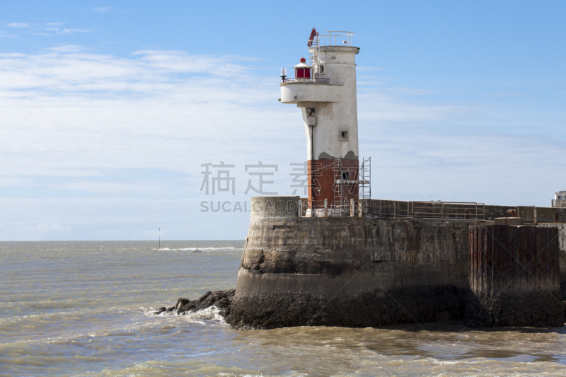 海港,大西洋,灯塔楼,法国,鲁瓦扬,小的,海岸线,红色,白色,正面视角