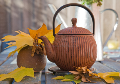 秋天,茶,日本钢茶壶,美,圆形,水平画幅,仿旧磨损的效果,蓝色,枫树,饮料