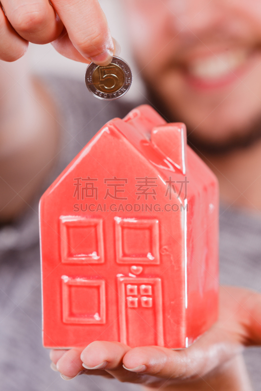 房屋,男人,小猪扑满,波兰兹罗提,垂直画幅,储蓄,银行,仅男人,仅成年人,经济