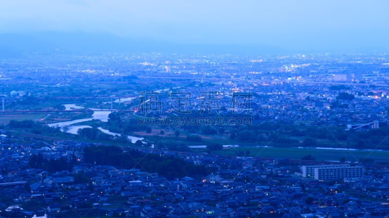 黄昏,长野城,天空,美,城镇景观,信浓川,水平画幅,高视角,长野县,无人